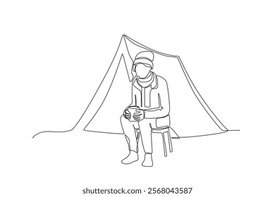 One line depicts a camping landscape in a campground. A woman is drinking hot water in front of the tent. Eco-friendly tourism. Continuous line drawing design vector illustration
