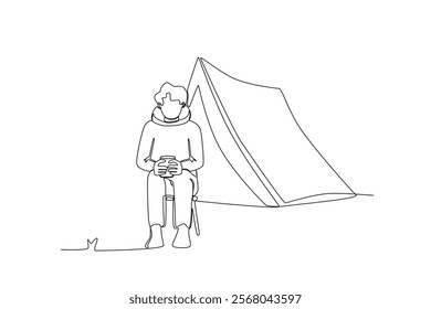 One line depicts a camping landscape in a campground. A man is drinking hot water in front of his tent. Eco-friendly tourism. Continuous line drawing design vector illustration
