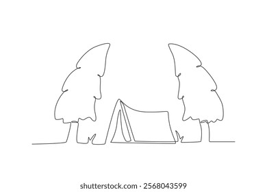 One line depicts a camping landscape in a campground. A tent flanked by two fir trees. Eco-friendly tourism. Continuous line drawing design vector illustration
