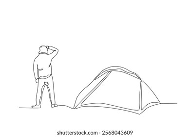 One line depicts a camping landscape in a campground. A man was standing beside the tent. Eco-friendly tourism. Continuous line drawing design vector illustration
