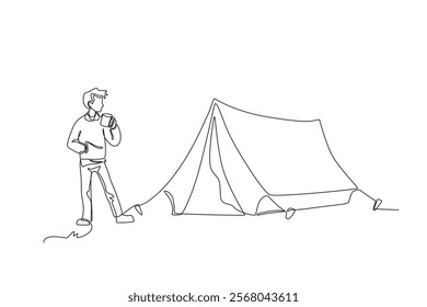 One line depicts a camping landscape in a campground. A man standing drinking beside the tent. Eco-friendly tourism. Continuous line drawing design vector illustration
