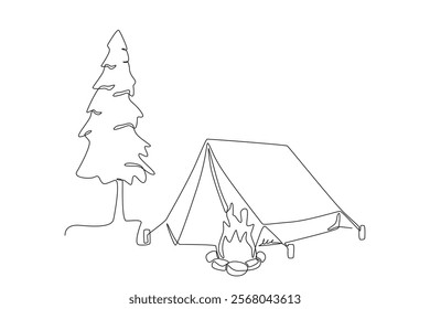 One line depicts a camping landscape in a campground. Fir trees beside tents and bonfire. Eco-friendly tourism. Continuous line drawing design vector illustration
