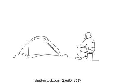 One line depicts a camping landscape in a campground. A man is looking at nature beside the tent. Eco-friendly tourism. Continuous line drawing design vector illustration
