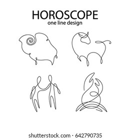 One line design horoscope.Thin line vector zodiacal symbols.Astrology, horoscope sign, graphic design elements, printing template. Zodiac Signs 