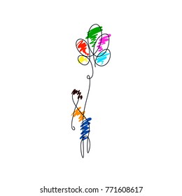 One line design silhouette of a child flying on colorfull balloons.hand drawn minimalism style.vector illustration
