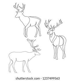 One line design silhouette of deer. Set of full height stags. Hand drawn single continuous line minimalism style. Vector illustration
