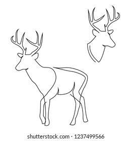One line design silhouette of deer. Set of full height and head. Hand drawn single continuous line minimalism style. Vector illustration