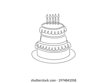 One line dessert. Continuous line birthday cake with candles, monoline sweet food concept. Vector art illustration