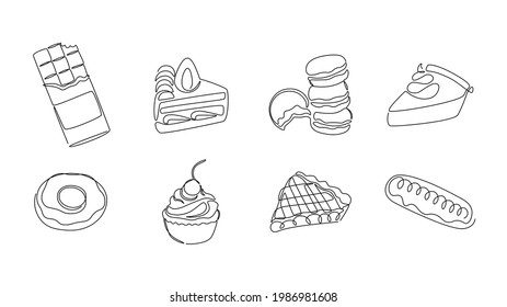 Postres de una línea. Pasteles de línea continua y panadería, pasteles de chocolate y bizcocho, concepto de comida dulce de monolina. Conjunto de vectores