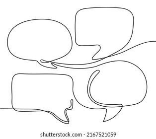 One line dialog. Talk messages, continuous line conversation and four speech bubbles hand drawn vector illustration. Rectangle and oval frames for chat, comments, opinion boxes for text