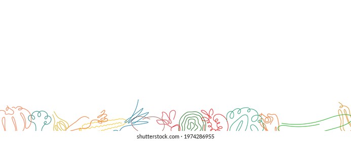 One line different vegetables with empty space isolated on a white backgrounds. Healthy vegetarian food set. Vector illustration.