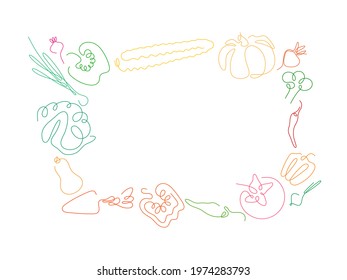 One line different vegetables in the shape of frame with empty space isolated on a white backgrounds. Healthy vegetarian food set. Vector illustration.