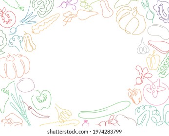 One line different vegetables in the shape of frame with empty space isolated on a white backgrounds. Healthy vegetarian food set. Vector illustration.