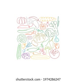 One line different vegetables in the shape of square isolated on a white backgrounds. Healthy vegetarian food set. Vector illustration.