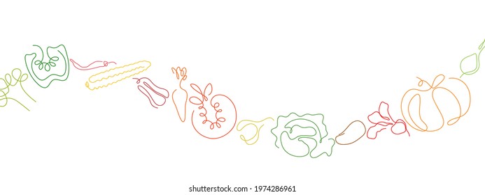 One line different vegetables in the shape of wave with empty space isolated on a white backgrounds. Healthy vegetarian food set. Vector illustration.