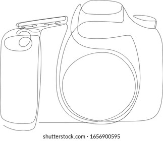 Diseño de cámara digital de una línea. Estilo minimalista dibujado a mano, tecnología gadget ilustración vectorial. Concepto de equipo fotográfico dibujo de línea continua ilustración de diseño