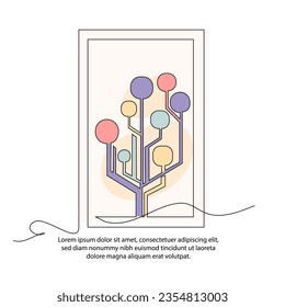 Dibujo de afiches de tecnología de árbol digital de una línea con marco. Resumen de decoración minimalista de paredes de línea continua.