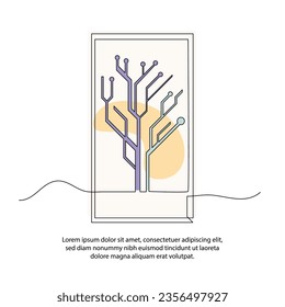 Dibujo de afiches de tecnología de árbol digital de una línea con marco. Resumen de decoración minimalista de paredes de línea continua.