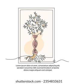 One line DNA helix tree poster drawing with frame. Abstract minimal continuous line wall decor.