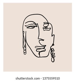 One line doddle abstract face. Simple single line monochrome portrait isolated on white background. Print for clothes, textile, aesthetic contour in scandinavian style. Contemporary trendy art