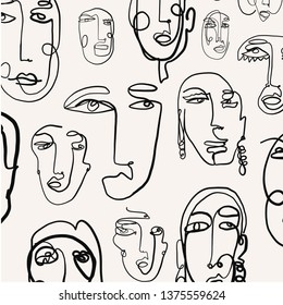 One line doddle abstract face. Simple single line monochrome portrait isolated on white background. Print for clothes, textile, aesthetic contour in scandinavian style. Contemporary trendy art