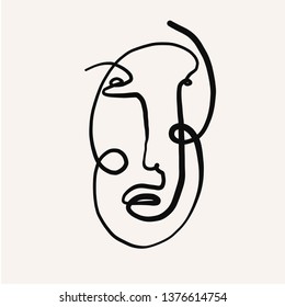 One line doddle abstract face. Simple single line monochrome portrait isolated on white background. Print for clothes, textile, aesthetic contour in scandinavian style. Contemporary trendy art