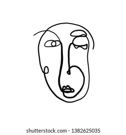 One line doddle abstract face. Simple single line monochrome portrait isolated on white background. Print for clothes, textile, aesthetic contour in scandinavian style. Contemporary trendy art