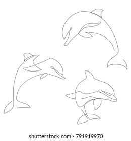 One line dolphin design silhouette set. Hand drawn minimalism style vector illustration.