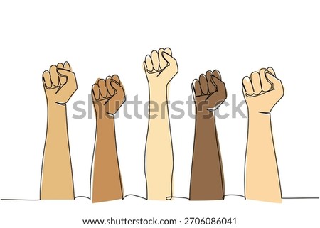 One line draw activism concept for event Democracy Day. Human hands united in powerful gesture, represent protest, civil rights, strength in diversity, and the fight for equal representation