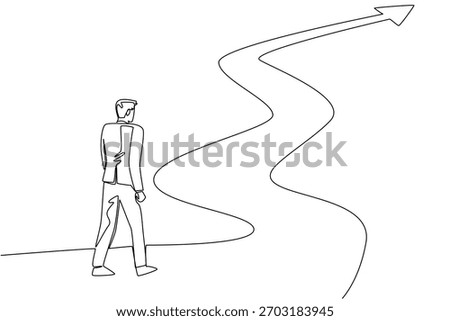 One line draw of businessman standing, looking at a long, winding and zigzag path that leads upward and ends in an arrow. Challenging journey toward success. National Productive Business Civility Day