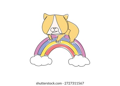 Un dibujo de línea de encantador pequeño hámster descansando cómodamente en el arco iris enraizado por suaves nubes. Concepto de Naturaleza para mascota linda, perfecto para el arte de la pared del vivero y la celebración del Día Mundial del Hámster