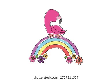 Um desenho de linha de flamingo rosa elegante e charmoso descansando graciosamente em cima do arco-íris vibrante posicionado acima de flores florescentes. Conceito de natureza para pássaro tropical bonito, ideal para impressão de berçário