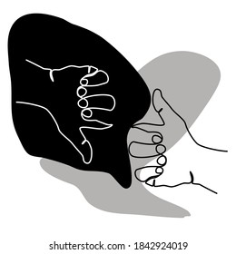 One line draw of hands with thumbs up and thumbs down. Good and bad gesture concept. Continuous line design. Black and white composition of isolated objects.
