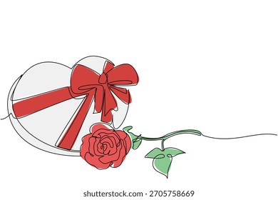 Un dibujo de línea de la caja de regalo en forma de corazón atada con cinta roja y lazo, acostado al lado de una rosa roja vibrante, mostrando amor profundo y romance para los mensajes nacionales del Día de la Rosa Roja, tarjetas y temas de regalo románticos