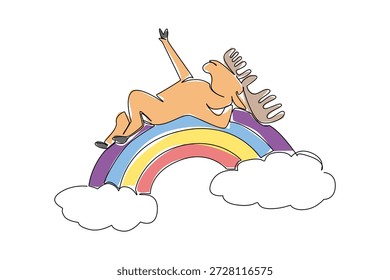 Eine Linie Zeichnung von Elch schlafen Rückenlehne auf einem Regenbogen, große Geweihe und lange Schnauze vereinfacht in saubere Silhouette. Perfekt für Wald, Camping und nördliches Naturdesign für Kinderdruck und Aufkleber