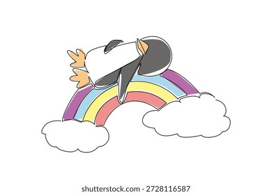 Uma linha de desenho de pinguim dormindo em suas costas no arco-íris, nadadeiras soltas e bico inclinado para cima para olhar de sonho. Esquema mínimo para cartão de inverno ou de férias, material de sala de aula e animal polar