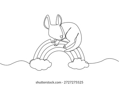 One line draw of sweet kangaroo resting its head on rainbow arc, lounging comfortably between two clouds. Nature concept for cute wild animal, ideal for nursery wall art and Australia Day celebration