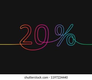 One line drawing of 20 percent discount, Rainbow colors on black background vector minimalistic linear illustration made of continuous line