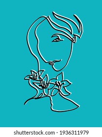 One line drawing 3/4 view of woman with lily flower.
One continuous line drawing of woman holding flowers with two hand.