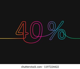 One line drawing of 40 percent discount, Rainbow colors on black background vector minimalistic linear illustration made of continuous line