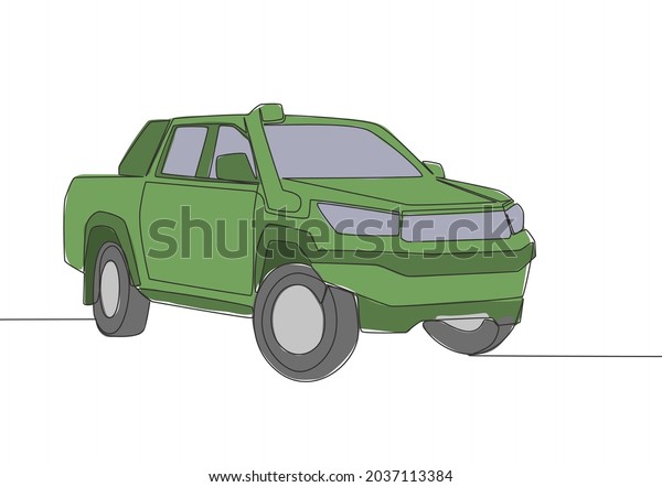 One line drawing of 4x4 wheel drive tough pickup
truck car. Sporty vehicle transportation concept. Single continuous
line draw design