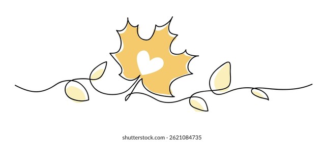 One line drawing. Abstract autumn yellow maple leaf and heart swirl ornament. I love autumn border design elements. Vector illustration.