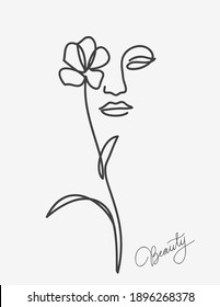 One line drawing. Abstract beautiful girl with flower. Female beauty icon. Vector illustration.	