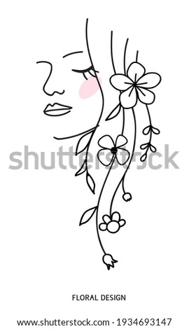 One line drawing. Abstract beautiful girl with flower and leaf in long hair. Decorative female beauty icon and floral pattern. Vector illustration	 ストックフォト © 