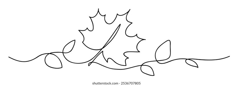 One line drawing. Abstract decorative horizontal border element with maple leaf. Beautiful hand drawn leaf on white background. Hand drawn sketch. Border design elements. Vector illustration.