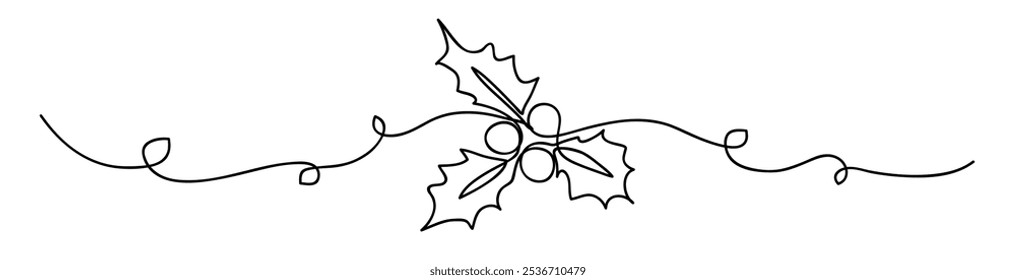 One line drawing. Abstract decorative horizontal frame element with holly Christmas berry. Beautiful hand drawn holly Christmas berry. New Year border design element. Vector illustration.