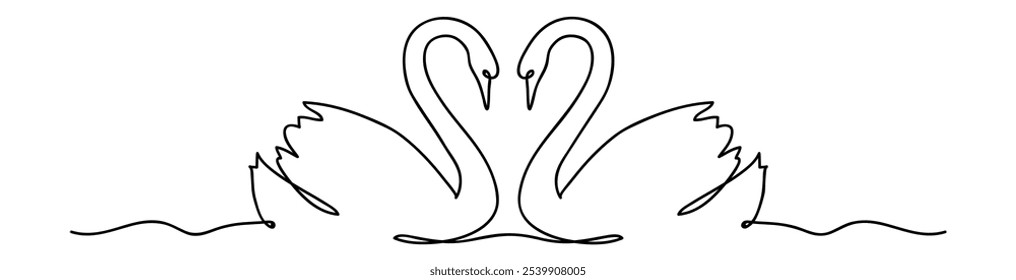 One line drawing. Abstract decorative horizontal border element, couple of swans in a heart shape. Beautiful hand drawn swan in love on white background. Border design elements. Vector illustration.