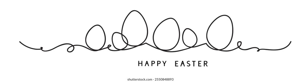 One line drawing. Abstract decorative horizontal divider with easter eggs. Beautiful hand drawn easter eggs. Happy easter text. Border design element. Vector stock illustration.