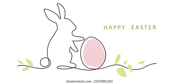 Un dibujo de línea. Abstractas adorno Horizontal decorativo con silueta de conejo, huevo rosa de Pascua y hojas. Texto feliz de Pascua y elemento de diseño de borde. Vector ilustración de stock.