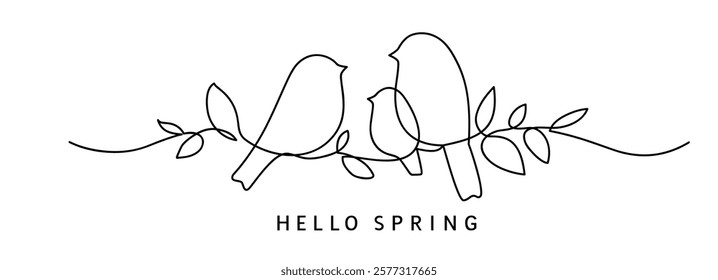 One line drawing. Abstract decorative horizontal ornament with spring forest bird family, stem and leaves. Spring Easter holiday border design element. Vector stock illustration.